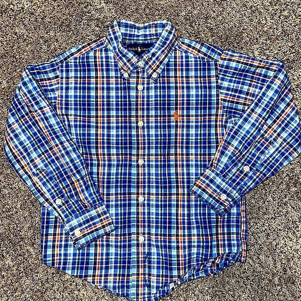 Ralph Lauren Boys Dress Shirt Button Collar Blue Plaid Long Sleeves Size 4
